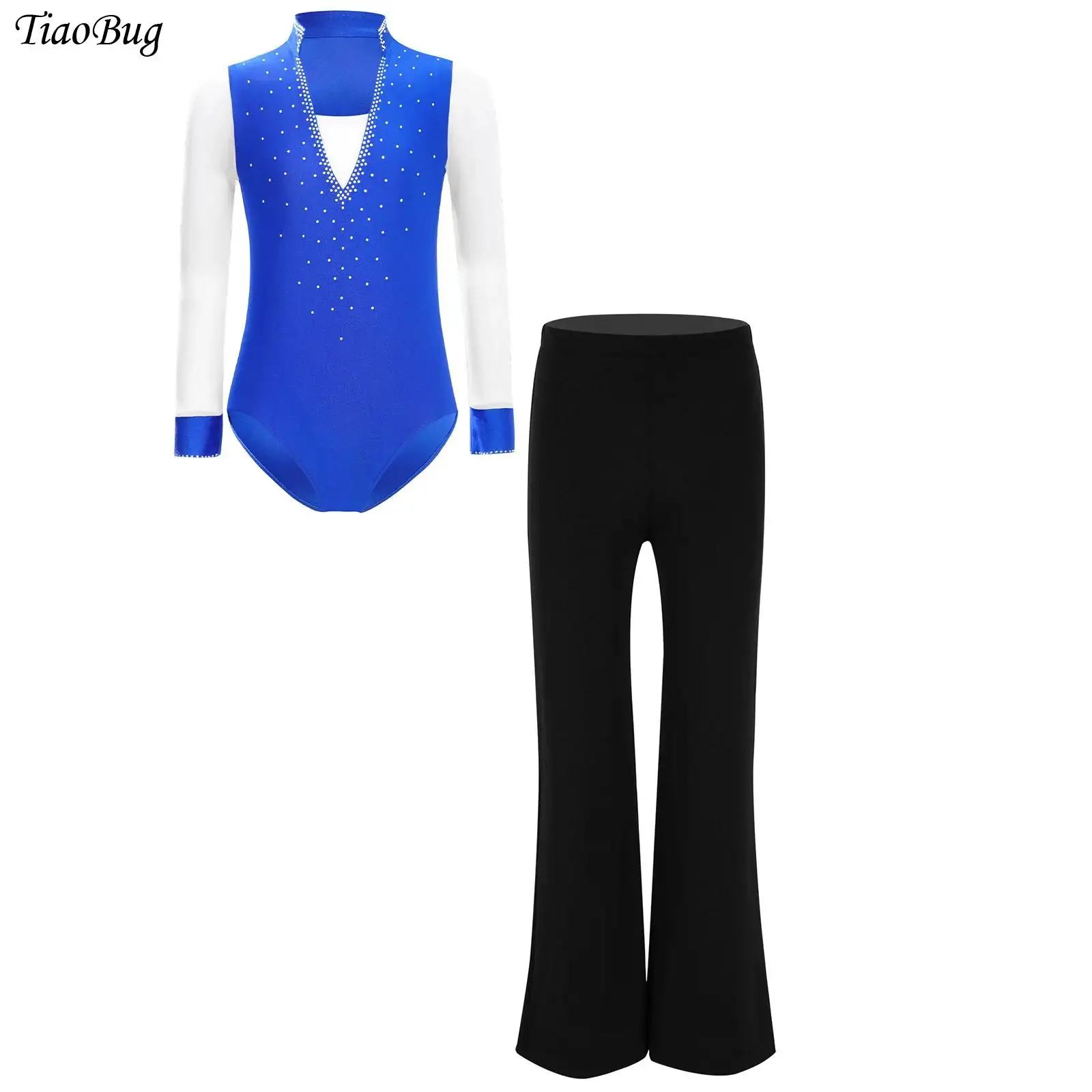 

Kids Boys Girls Figure Skating Dance Outfit Sheer Mesh Long Sleeve Shiny Rhinestones Leotard+Pants for Performance Dancewear
