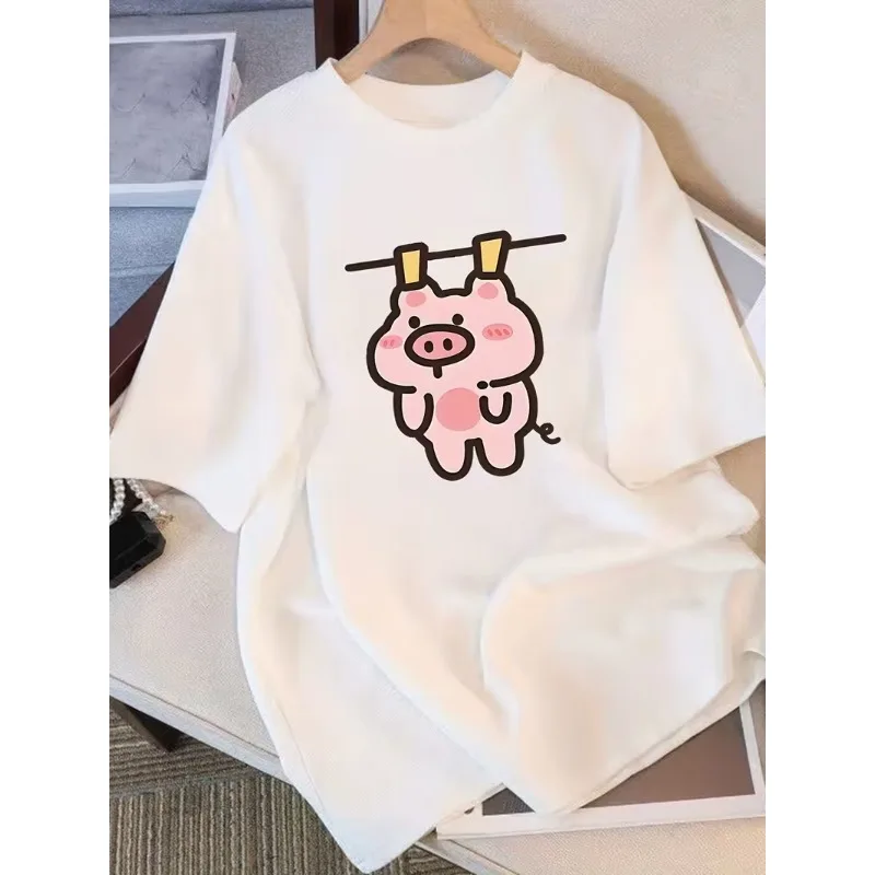 Cute Cartoon Hanging Pig Print Casual T-Shirt Funny Piggy Short Sleeve Tee Loose Fit Crew Neck Top for Daily Wear Vacation