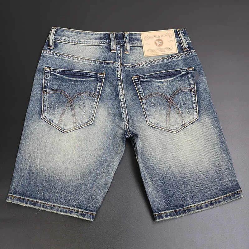 

European-style High-end Trendy Brand Vintage Destroyed Denim Shorts for Men Summer Shorts Mid-length Short Jeans
