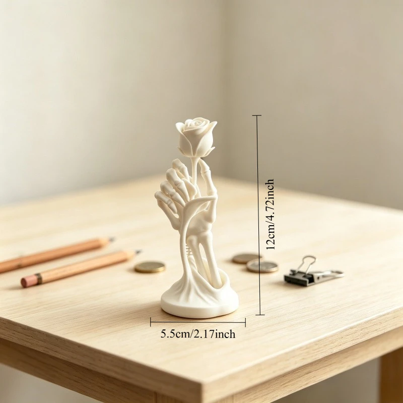 3D Printed White Skeleton Hand With Rose Sculpture Gothic Resin Ornament Desktop Halloween Home Decor