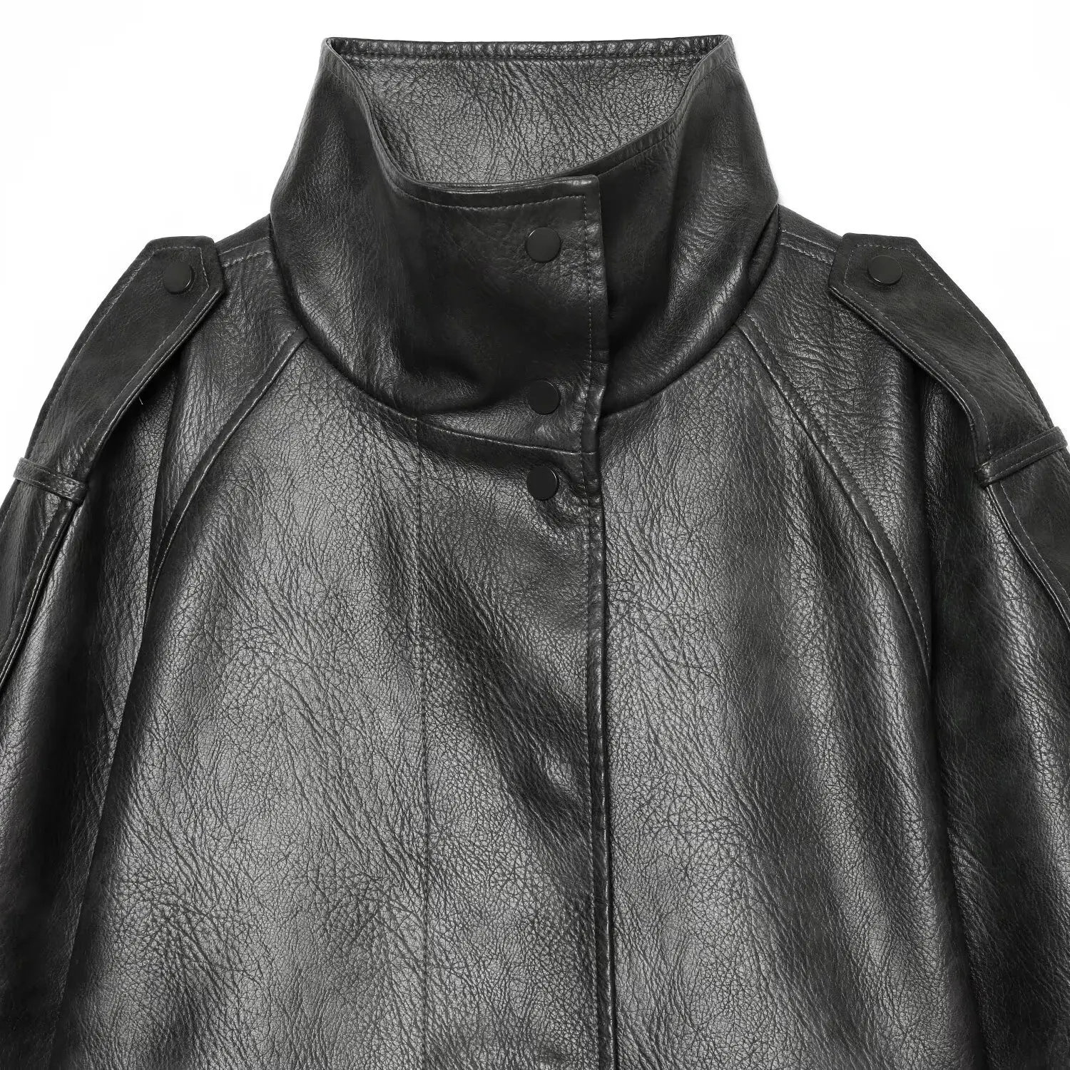 KASLEAD New Women's Fashion High-End PU Washed Leather Jacket Versatile Short Style Long Sleeve Polyester Fiber 100%