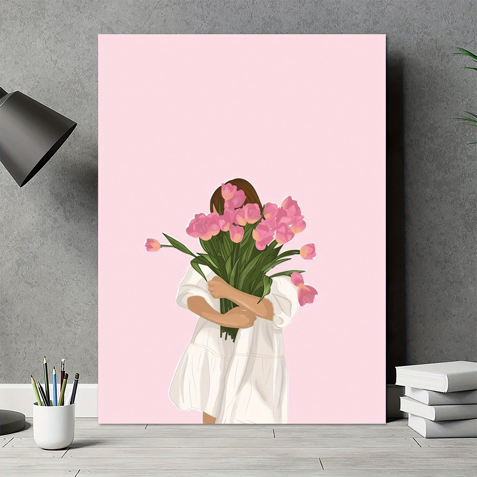 2D Flat, 1pc Frameless Canvas Art - Modern Minimalist Wall Decor with Woman Holding Flowers Design, Pink Tulips & Green Leave