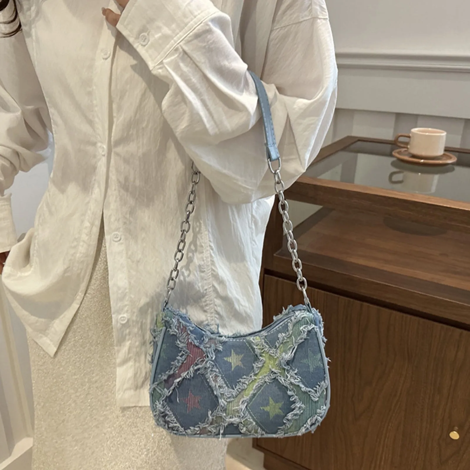 

Harajuku Tassel Plaid Denim Underarm Bag Vintage Y2K Small Fresh Design Sense Street Shopping One Shoulder Bag