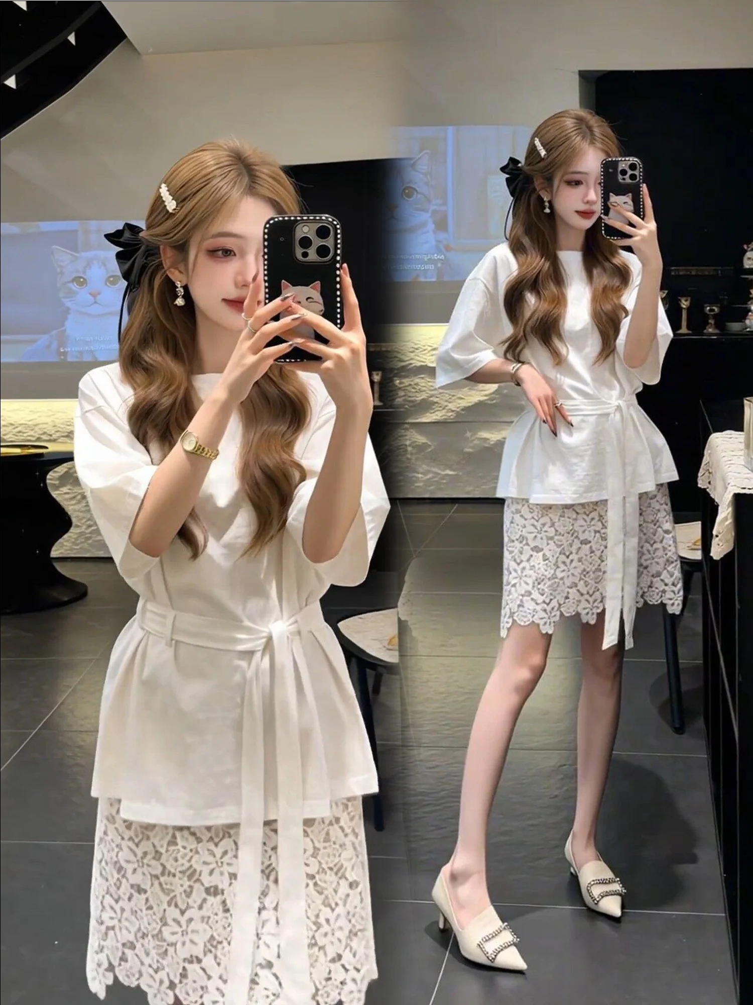 

Miniature Lace Wrap around Skirt And Slimming Top Set for Women Summer New Style Fashionable Casual Wear Polyester Fabric