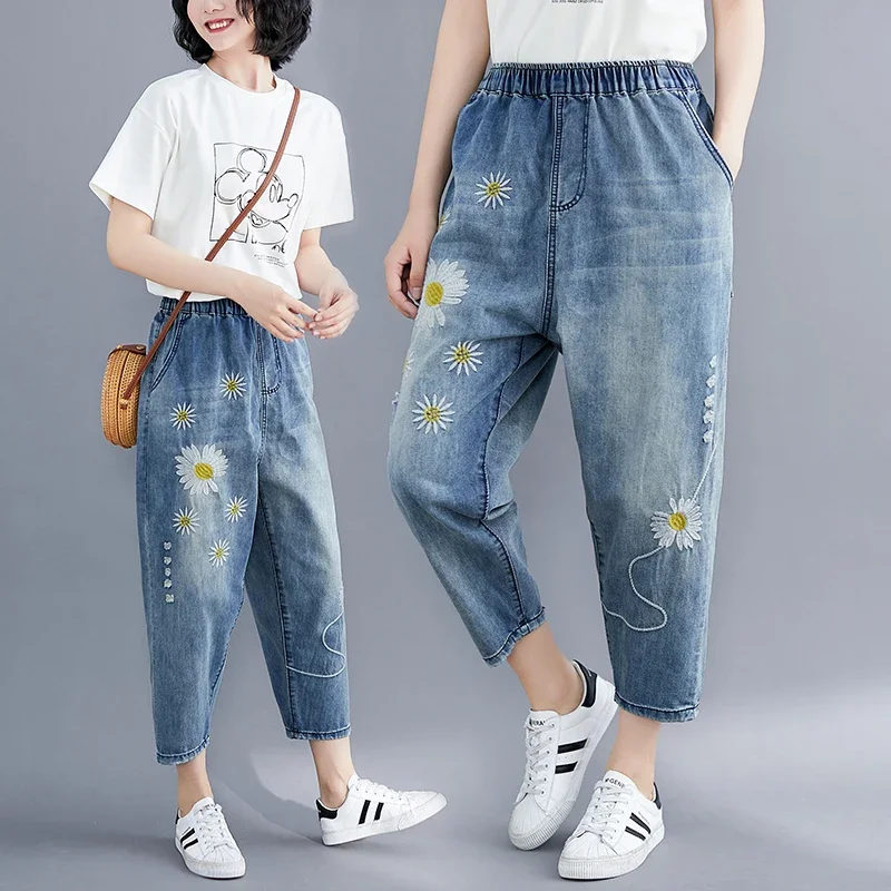 Aricaca Summer Fashion Style Ladies Vintage Embroidery Jeans Women Casual Floral Denim Trousers Ripped Harem Pants