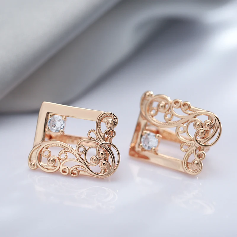 Wbmqda Classic Square Hollow Flower Drop Earrings For Women 585 Rose Gold Color Fine French Jewelry Ethnic Wedding Accessories