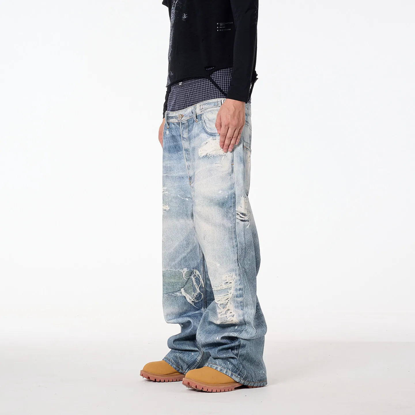 Fashion High Street Digital Realistic Washed Distressed Printed Fake Two Underwear Side Double Waist Jeans Men