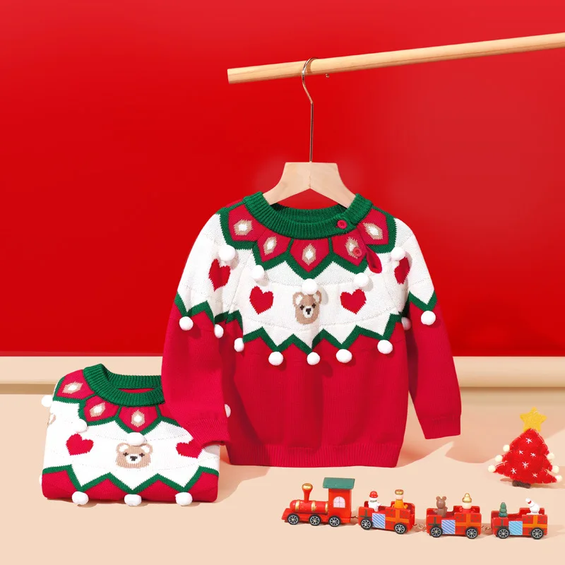Autumn and winter children's sweater red pullover Korean version teddy bear round neck knitted sweater children's Christmas top