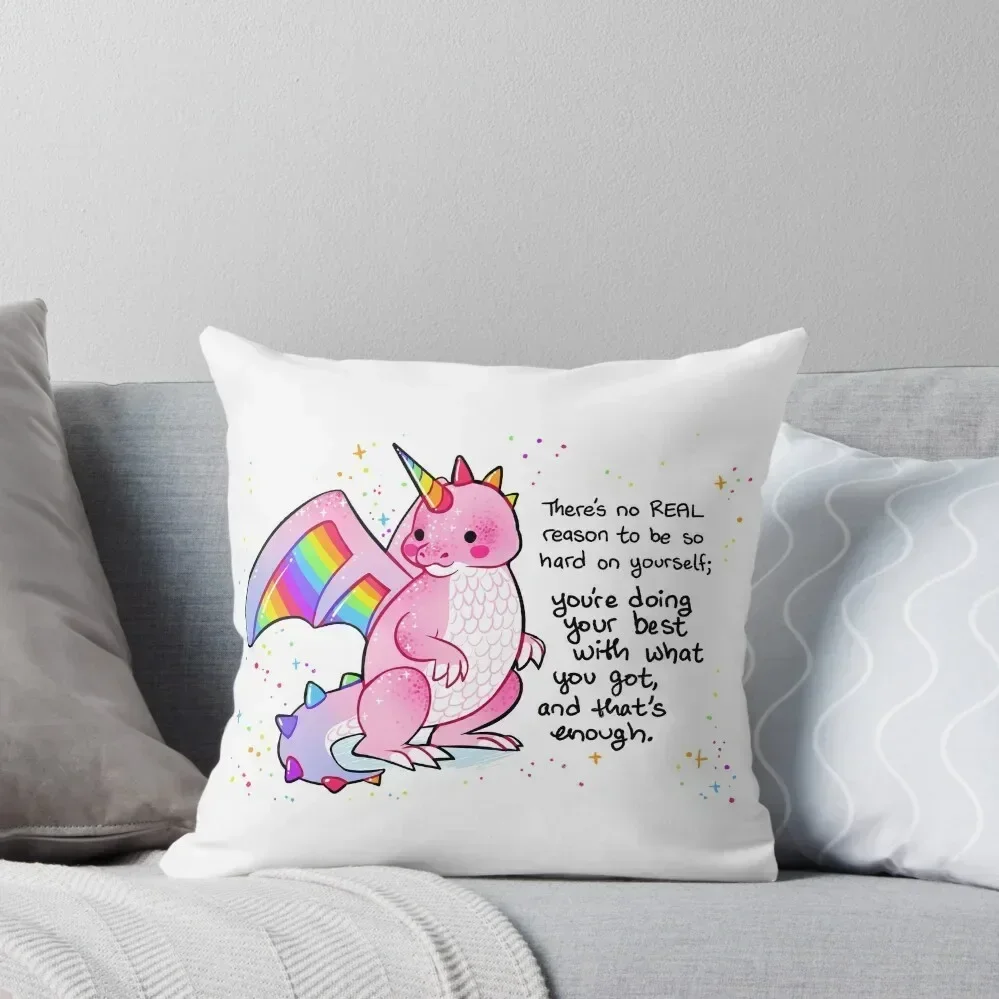 There's no REAL reason to be so hard on yourself Pink and Rainbow Dragon Throw Pillow Pillow Decor Throw Pillow