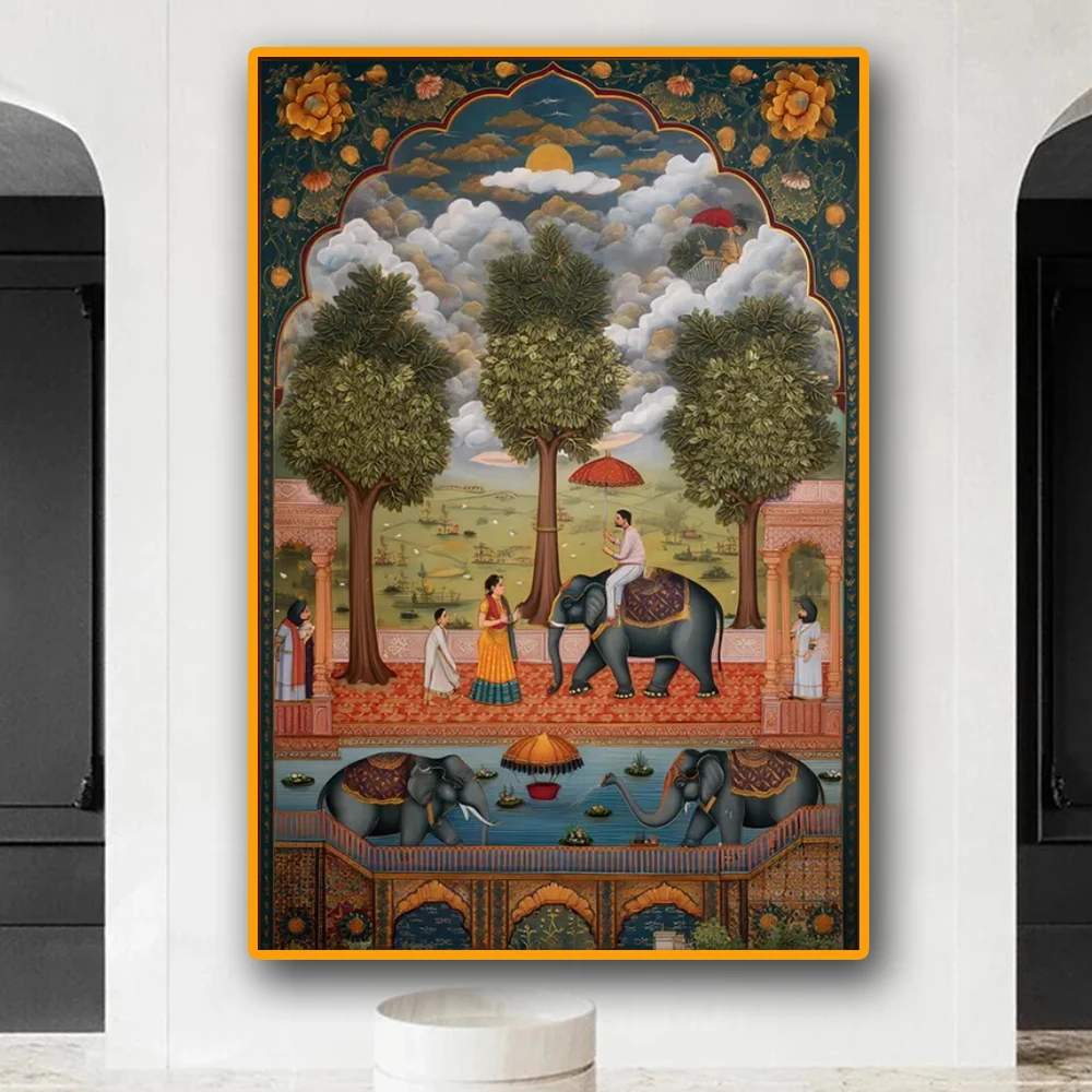 (No frame)Mughal-arte de pared Vintage, arte tradicional indio, póster impreso, escena de jardín palátil y processión de elef