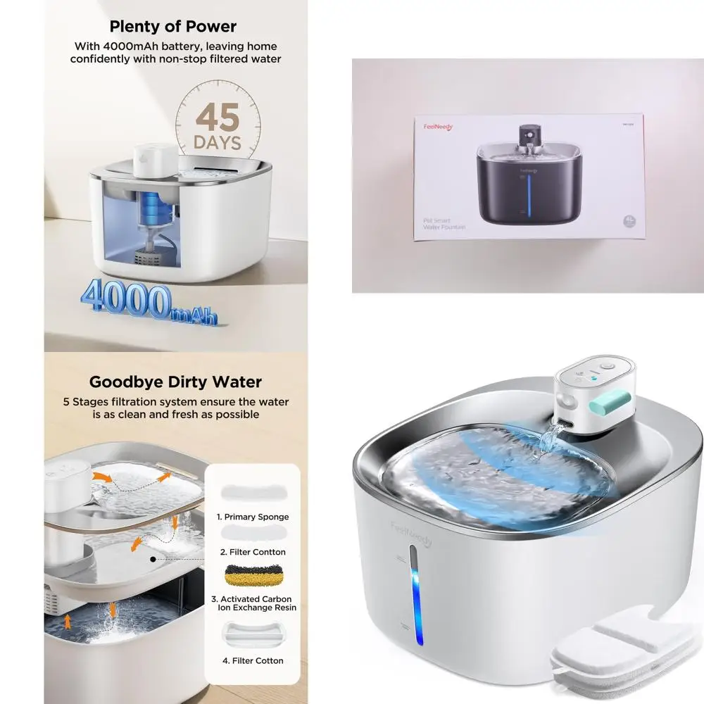 

Беспроводной фонтан для кошек с датчиком, батарея 4000 мАч, фонтан для домашних животных 4 л/135 жидких унций для кошек и собак, Ultra Quie