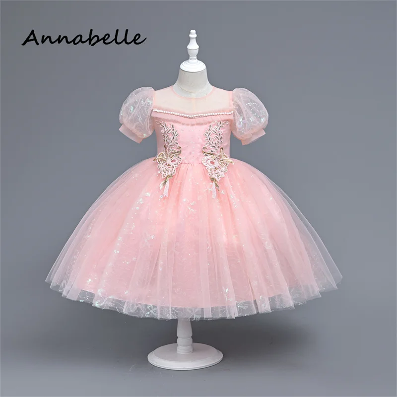 Annabelle Flower Girl Dress Puffy Lace Flower Baby Wedding Bow Dress Priness Girl Bow Birthday Party White Dress 2024 New