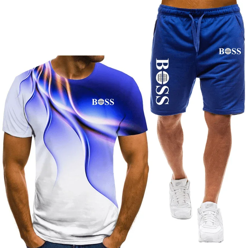 Men\'s T-shirt and shorts set, running fashion printed short sleeved sports T-shirt, summer 2024