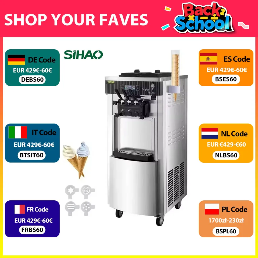 VEVOR Commercial Soft Serve Ice Cream Machine 2200W 20-28L/H - Dual 6L Hoppers for 2 Flavors, Dessert Shops & Bubble Tea Stores
