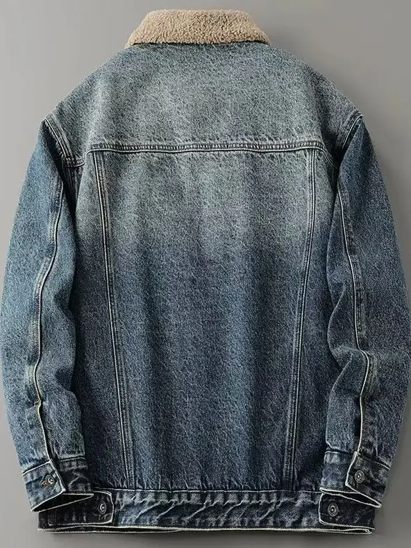 Retro American Fleece Lined Thickened Denim Jacket for Men Winter Trendy All Match Lamb Fur Warm Cotton Coat Jacket