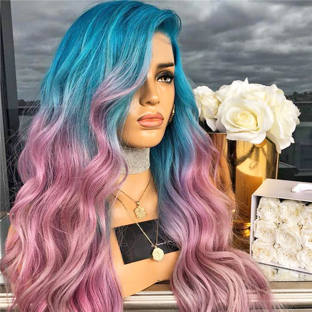 Soowee Synthetic Wig Middle Part Hair Blue to Pink Women's Curly Costume Cosplay Wigs For Halloween Carnival Party