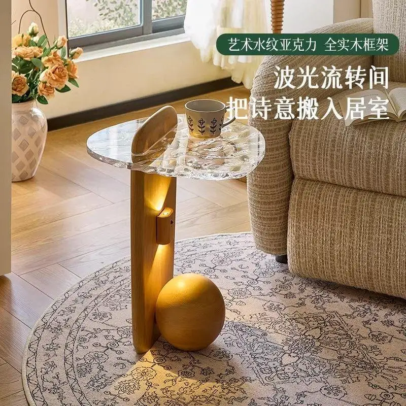 Ice pattern edge few small apartment acrylic solid wood side table with lamp living room art storage table