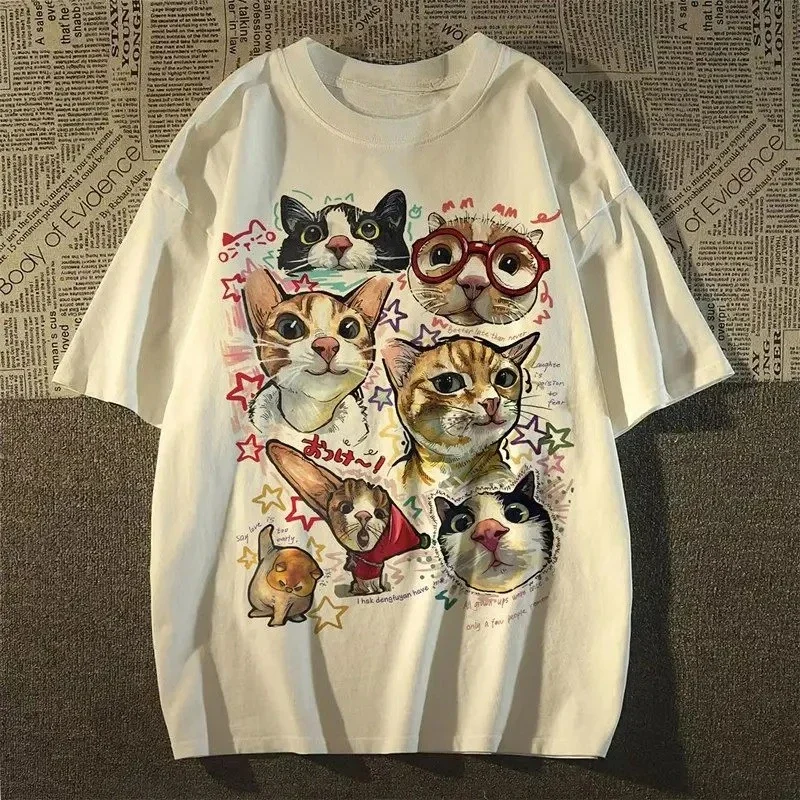 Camiseta de manga corta con estampado de gato de dabjos animados para mujer camiseta holgada ريترو أمريكا camisetas #2