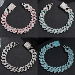 Fashion Pink Blue Iced Out Crystal Prong Cuban Link Chain Bracelet for Women Bling Rhinestone Cuban Bracelets Hip Hop Jewelry