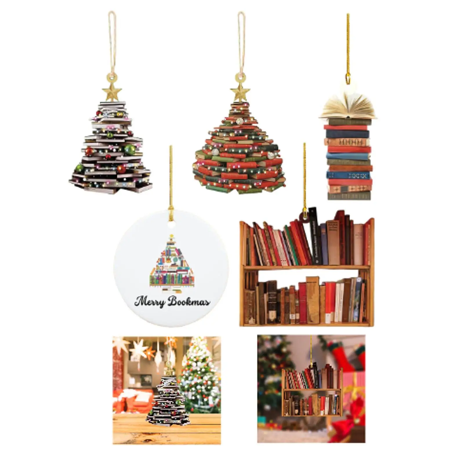 Book Christmas Tree Decoration Hanging Ornaments Party Favors Book Lovers Gifts for Window Holiday Farmhouse Balcony Garden