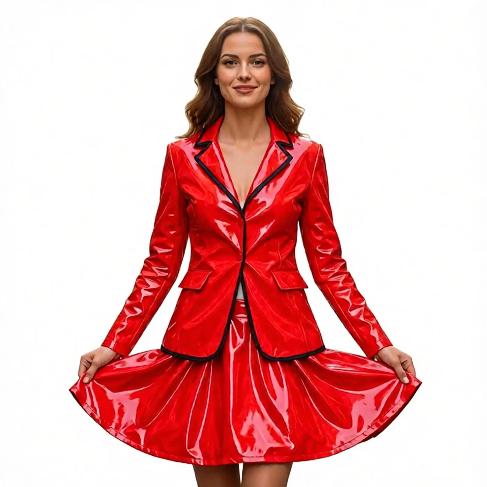 Women Glossy Leather Blazer Coat Wetlook Blazer with Lapels Jacket Latex Leather Long Sleeve Waterproof Coat Rave Party Clubwear