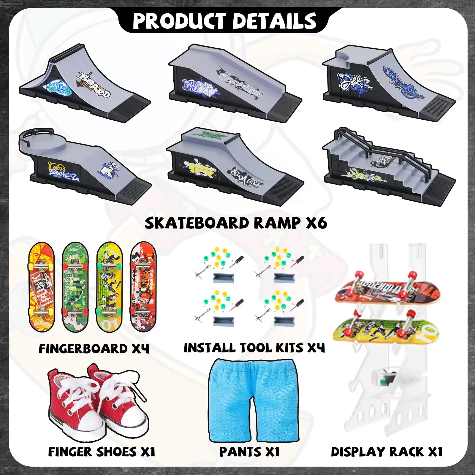 6 in 1 Finger Skateboard Deck Ramp Set Ultimate Finger Skatepark Prop Finger Toy with 4Mini Fingerboard 6Ramp Short Sneaker Gift