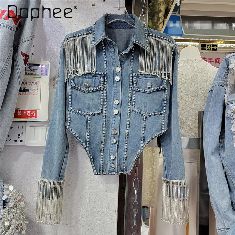 Frühling Herbst Straße Denim Jacke Frauen Kette Quaste Diamant Revers Langarm Einreiher Tops Jean Mäntel Weibliche Oberbekleidung