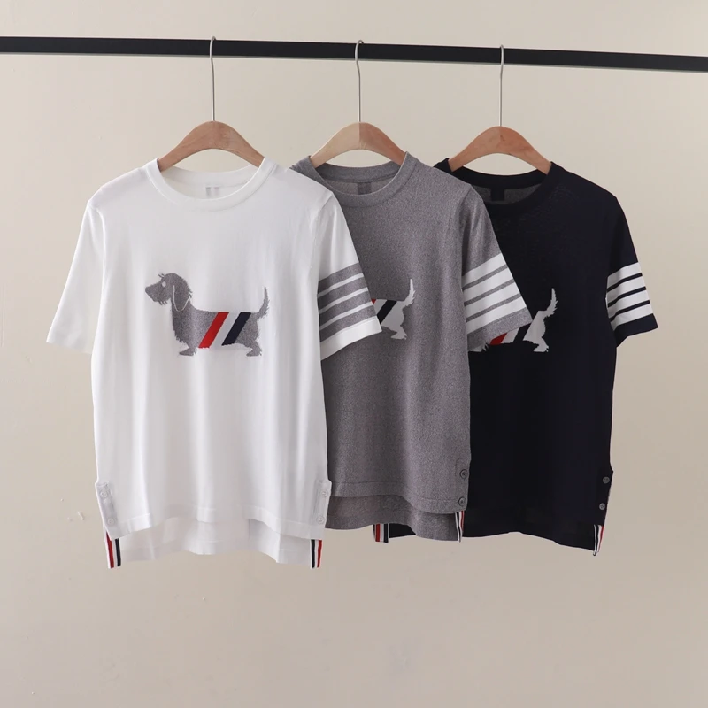 

New Summer TB college style four stripes chest dog jacquard ice round neck short-sleeved knitted T-shirt