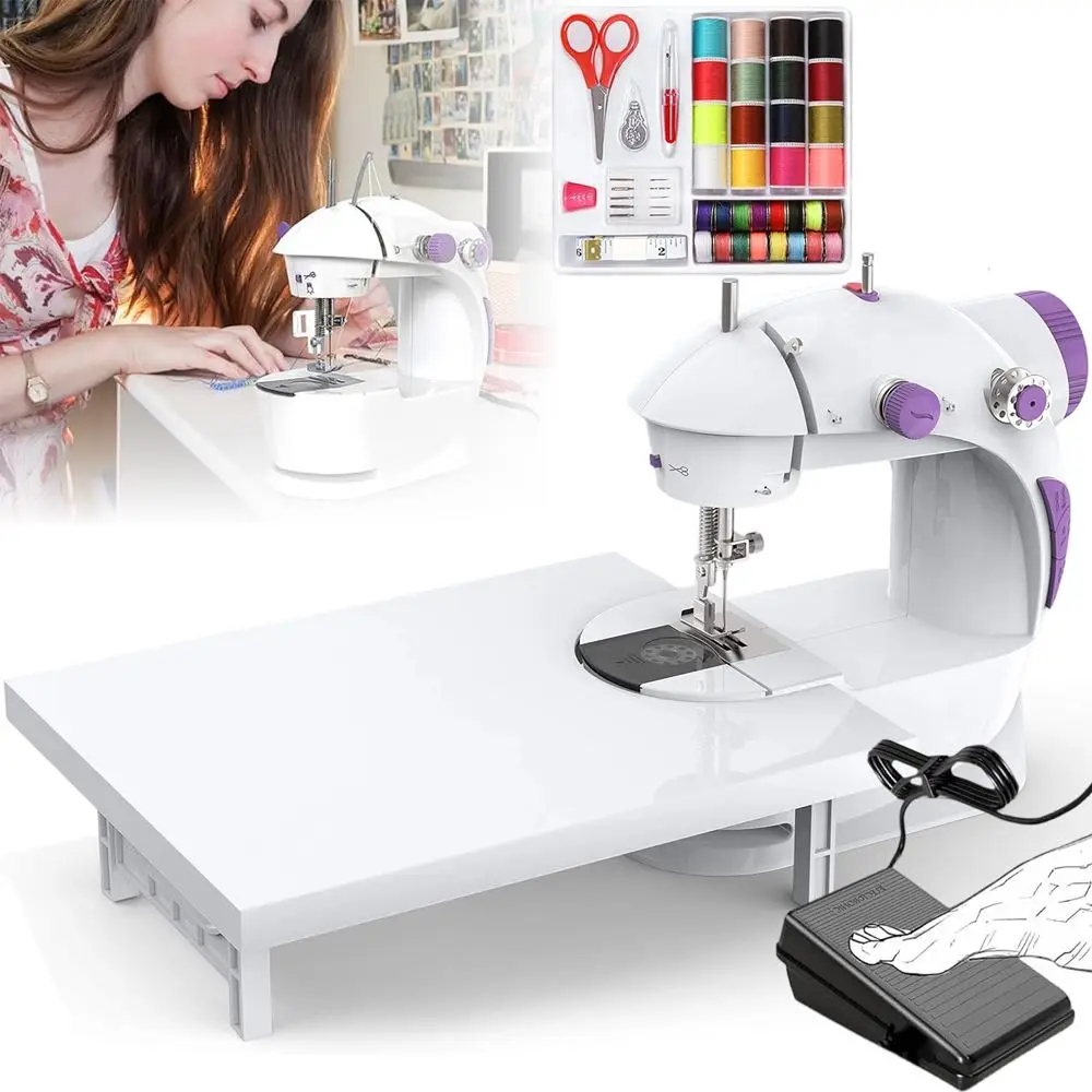 Mini-Nähmaschine mit Verlängerungstisch, tragbare Nähmaschine mit zwei Geschwindigkeitsstufen für Anfänger mit Beleuchtung, Nähset für den Hausgebrauch