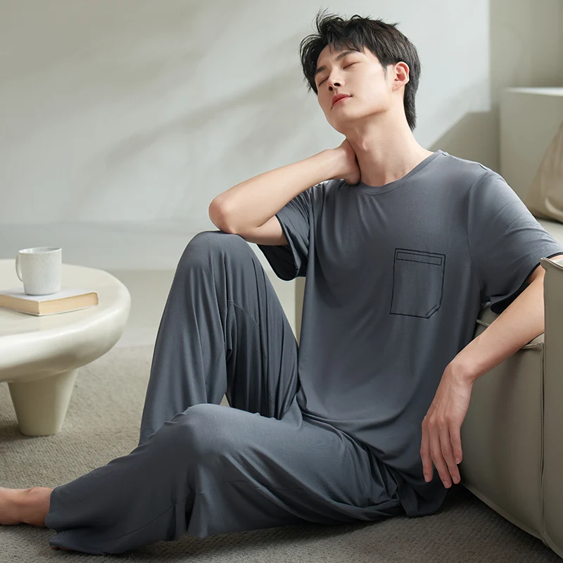 Men Pajamas Modal Round Neck Sleepwear Men Summer Home Clothes Big Yards M-3XL High Quality Young Male Grey Homewear Set