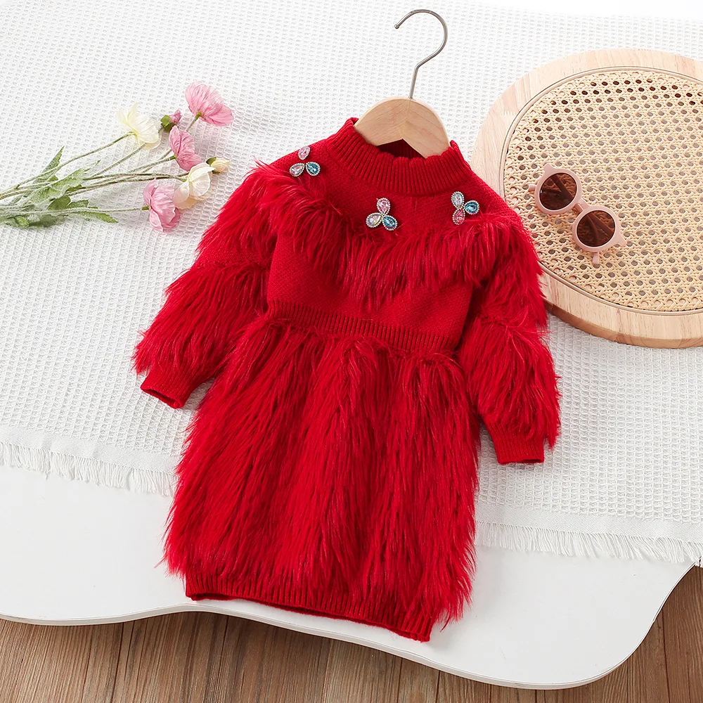 فستان غامض متماسك بلون سادة للأطفال فستان بناتي للأطفال شتاء خريفي جديد عصري كوري فضفاض حلو دافئ