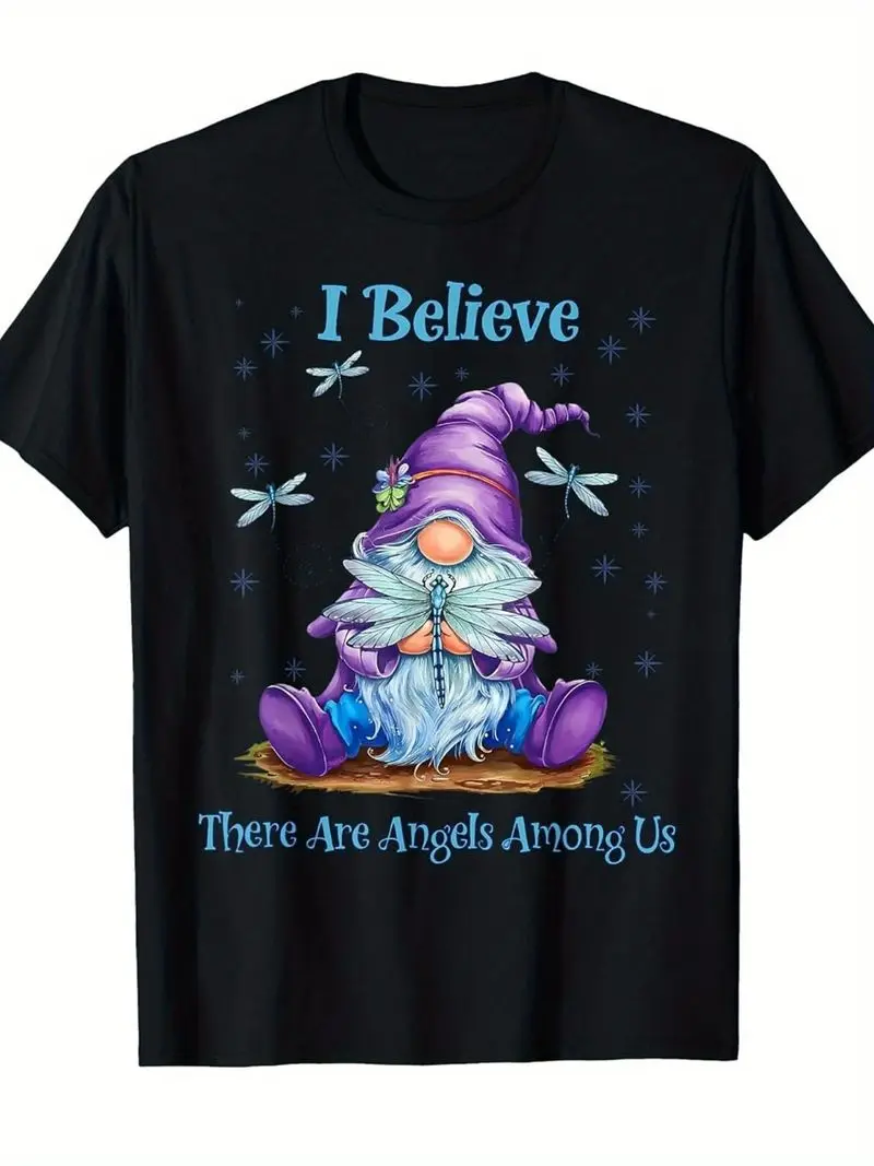 Gnome I Believe There Are Angels Among Us Dragonfly T-Shirt Men Cotton Crew Neck Regular Fit Machine Washable Summer Casual Wear