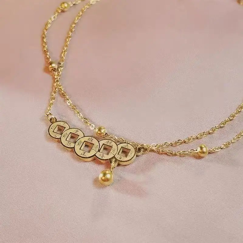 No Fading Safe Good Luck Five Emperors Money Copper Coins Transfer Beads Double-Layer Online Celebrity Girlfriends Bracelet