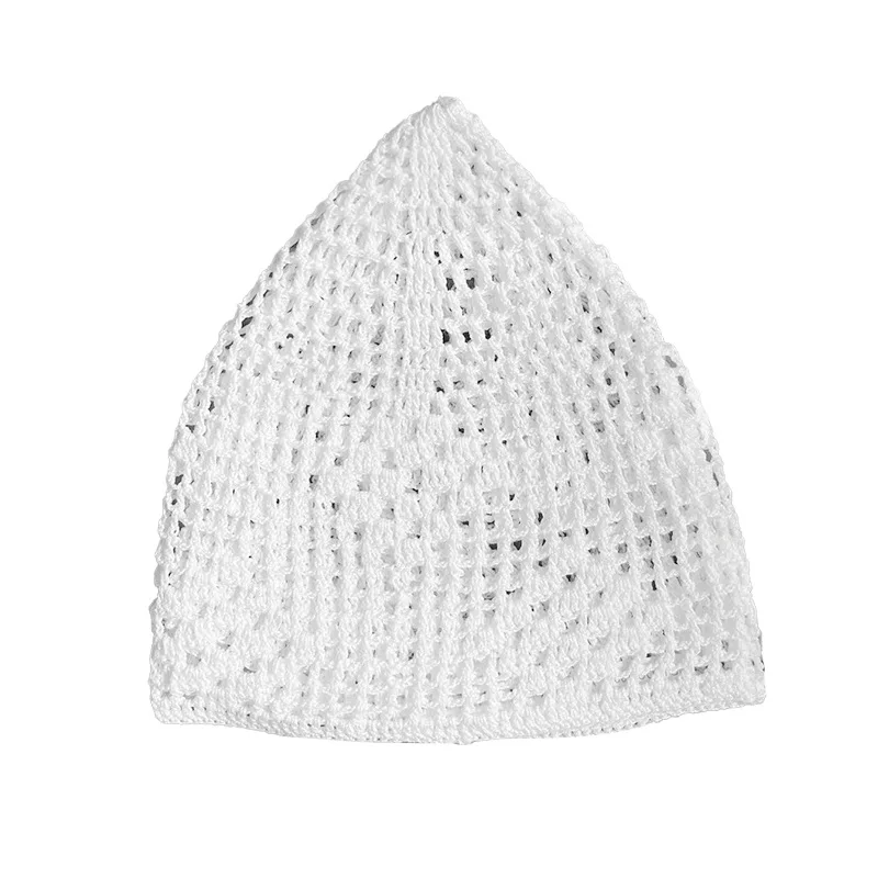 Cappello lavorato a maglia bianco Berretto da preghiera elastico in cotone lavorato a mano da uomo traspirante etnico musulmano