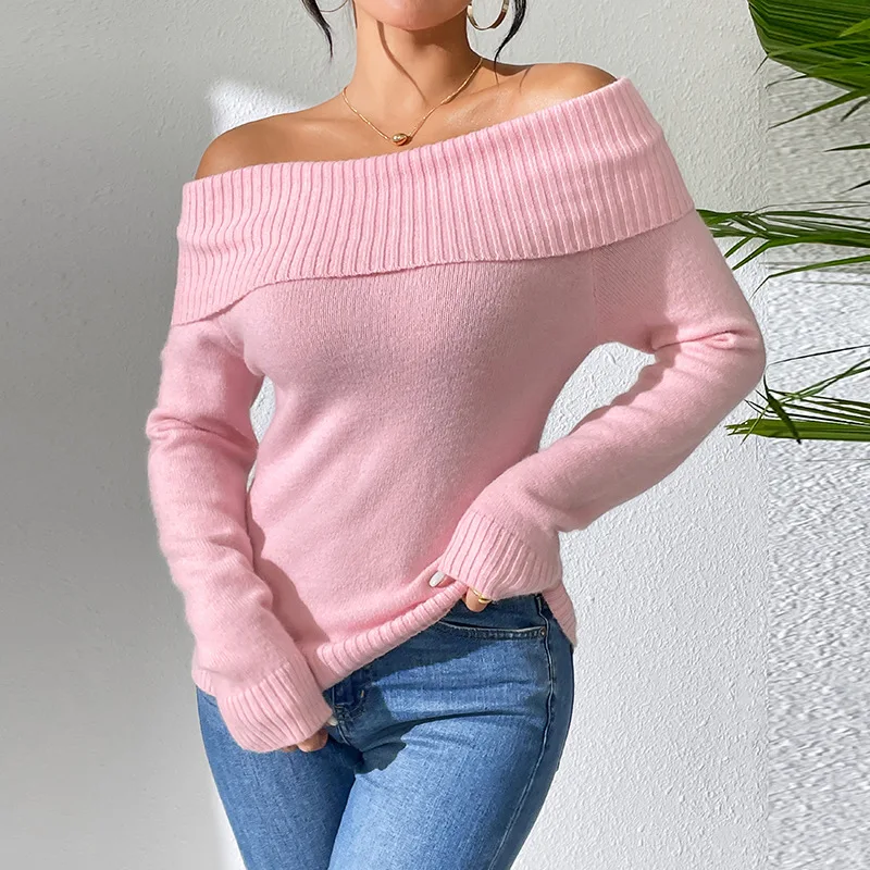 

Beige White Pink Off Shoulder Pullover Sweater 006