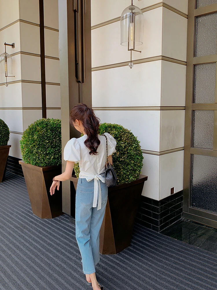 

Bigyu летние тонкие светло-голубые прямые брюки с высокой талией и микро-расклешенными брюками, тонкие эластичные джинсы с девятью точками, женские повседневные джинсы