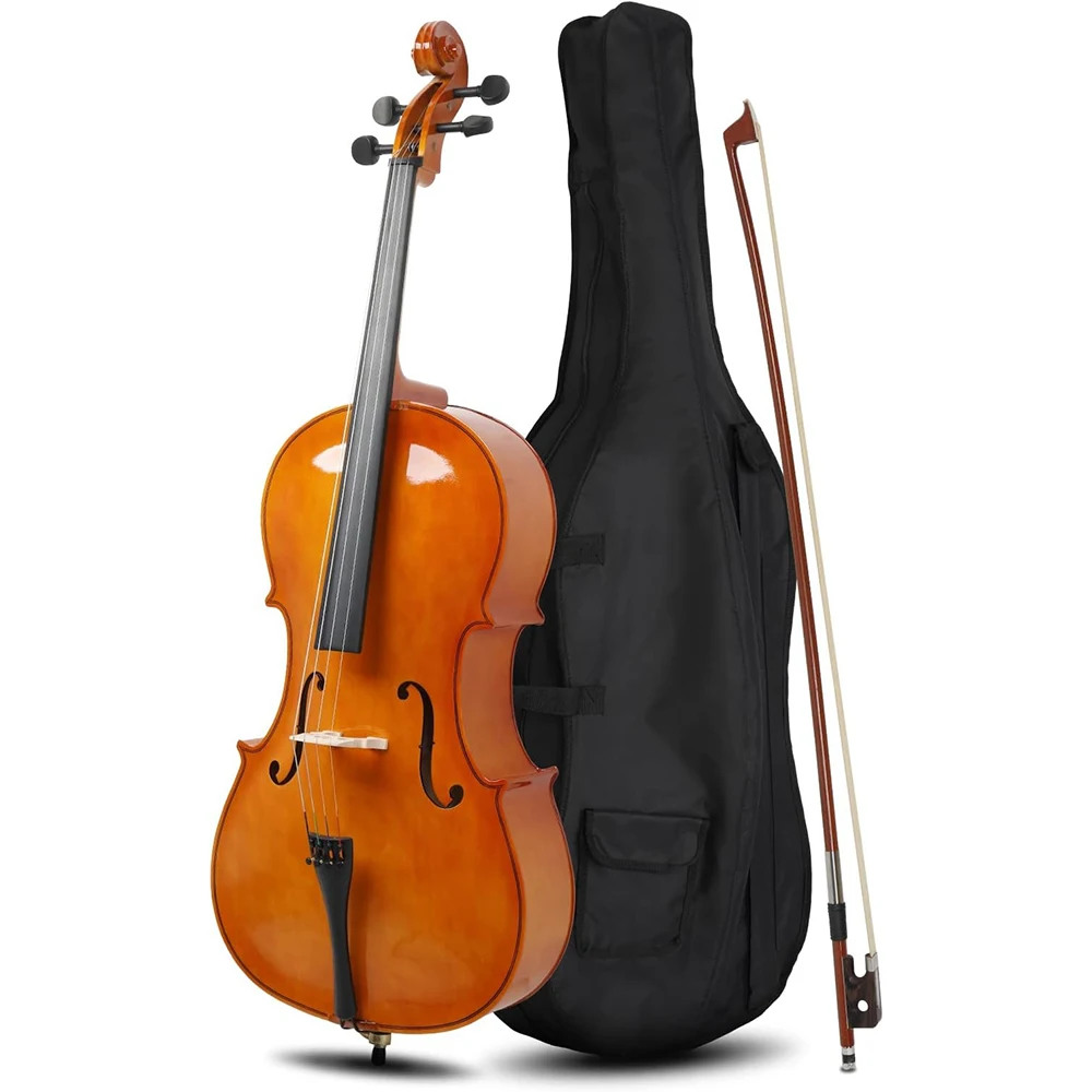 4/4 Natural Color Solid Wood Cello With Wrapped Bow Rosin String Musical Instrument For Beginner Student Practice