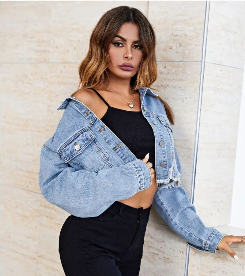 Spring Autumn Women's Outerwear Fashion Denim Jacket Hole Torn Wish Short Casual Street Clothing Denim Jacket