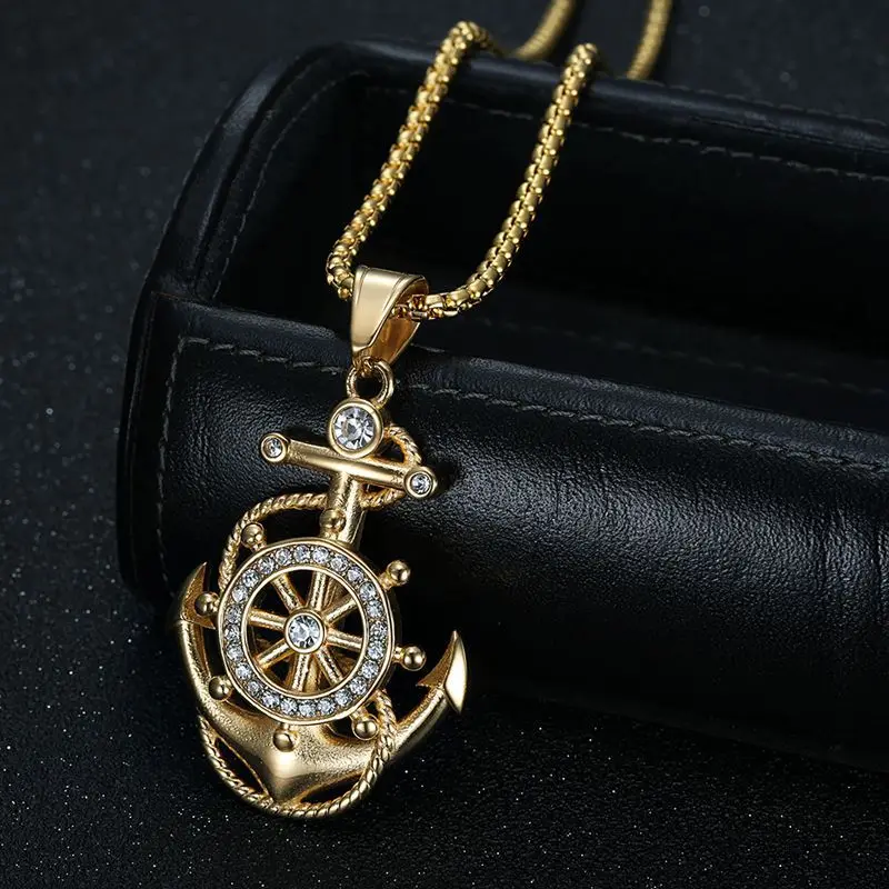 Hip Hop Rhinestones Paved Bling Iced Out Gold Color Stainless Steel Anchor Rudder Pendants Necklace for Men Jewelry Gift