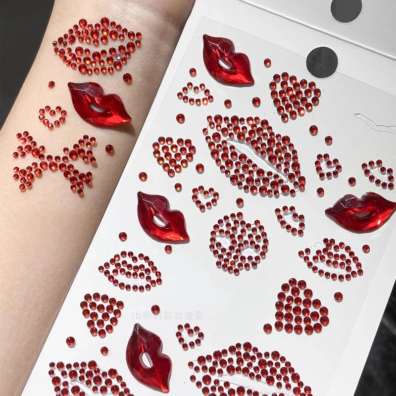 Heart Red Pink Lip Rhinestone Face Stickers Diamond Gems Makeup Decals for Cheek Body Art Glitter Scrapbook Journal Sticker