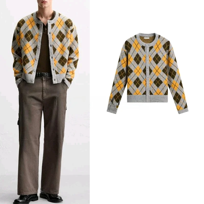 Cappotto maglione lavorato a maglia lungo Sve rotondo Ne da uomo nuovo primaverile con motivo a diamanti ricamato vestibilità ampia casual per giovani