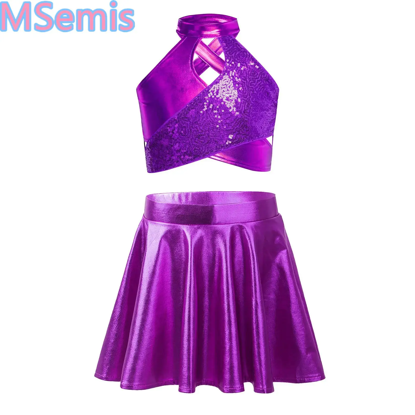 

Girls Shiny Sequins Jazz Dance Cheerleading Performance Costume Outfit Cross Keyhole Metallic Crop Top with Shiny A-Line Skirts
