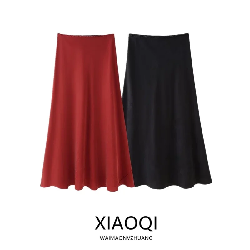 

Silk Satin Feel Midi Skirt Women's Faion Autumn Winter New Mixed Fabric mid Waist f Body Skirt Versatile Sle 2024