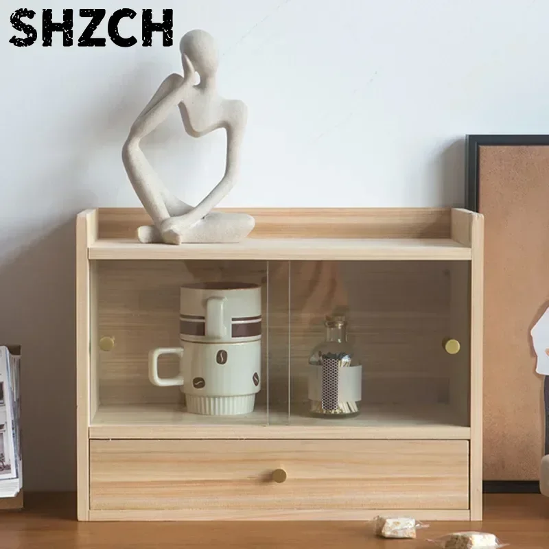 Retro Solid Wood Dust-proof Tea Set Storage Box Househol Drawer Type Organizer Kitchen Desktop Storage Cabinet with Glass Door