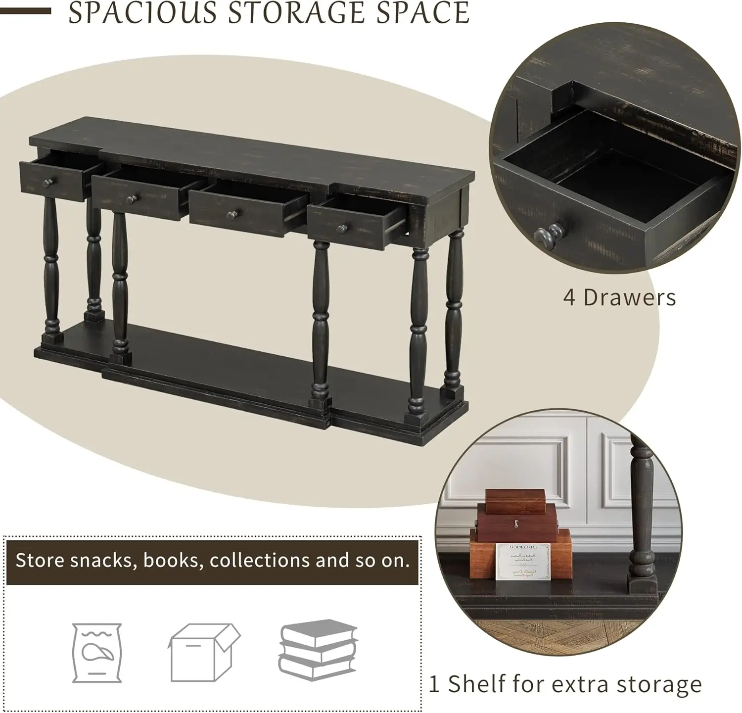 63" Rero Senior Console able  4 Fron Facing Sora Draers,ood Sideboard,ableop and 1 Shelf,for lay Living Roo