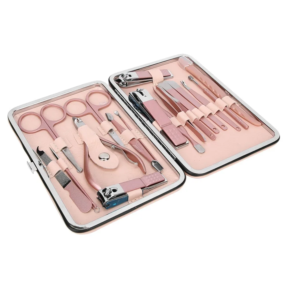 

18PCS Stainless Steel Nail Clippers Set Rose Gold PU Leather Case Cuticle Clippers Kit Portable Nail Art Tool Set Travel Use