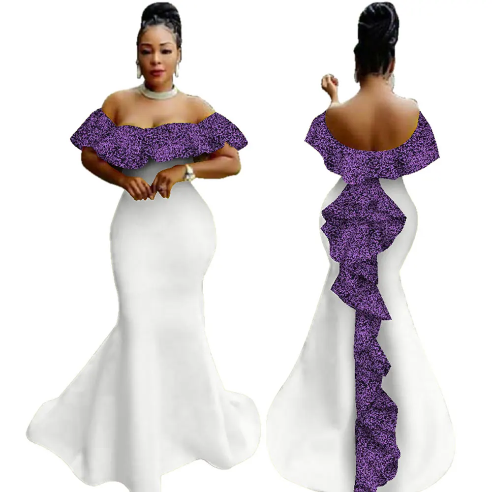 Africano cera impressão babados vestidos longos das mulheres vestido de festa bazin riche fora do ombro vestido de ancara vestidos de noite wy2919