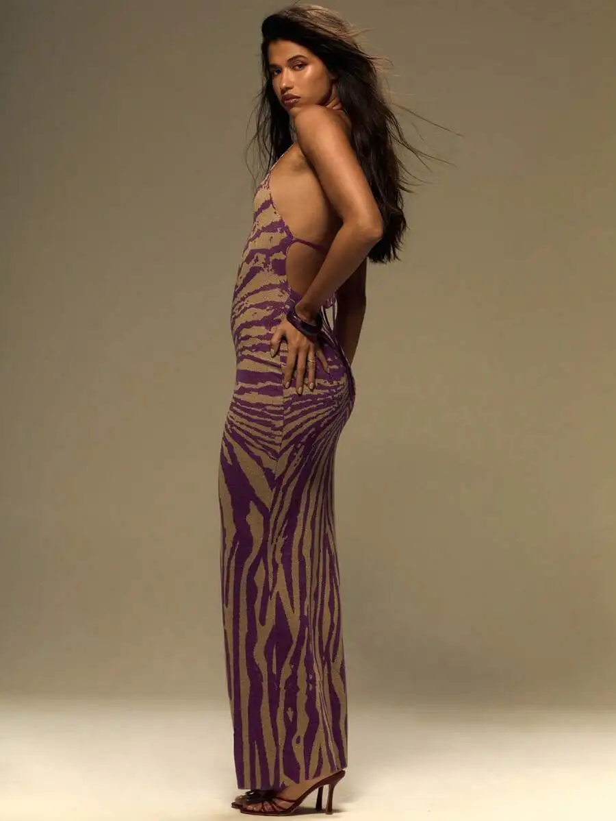 

Purple Beige Zebra Knit Halter Maxi Dress With Backless Detail, Adjustable Tie, Slim Fit For Summer Festival Beach Night