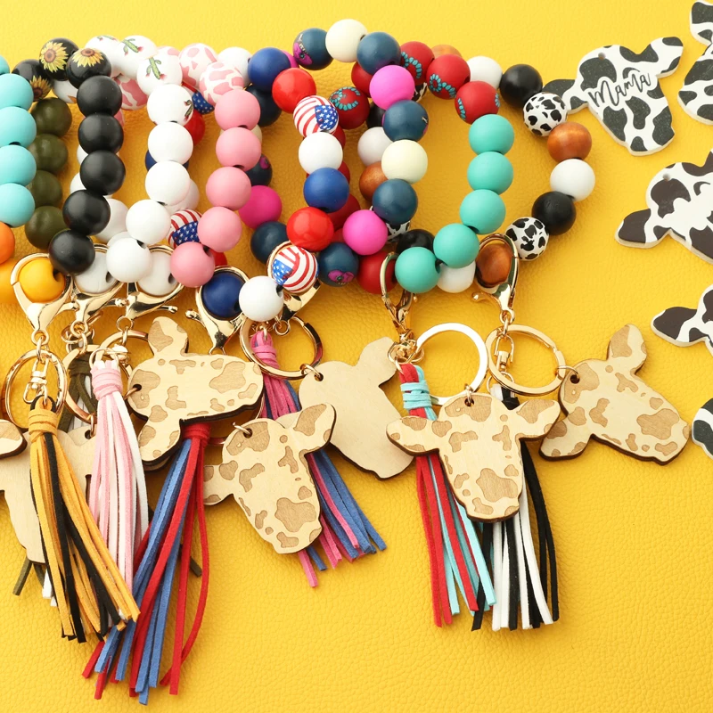 Cow Beads Leather Tassel Cute Cow Wood Bull Wooden Bead Wristlet Cow Print Keychain Sliced Beef Head Western Denim Bracelet