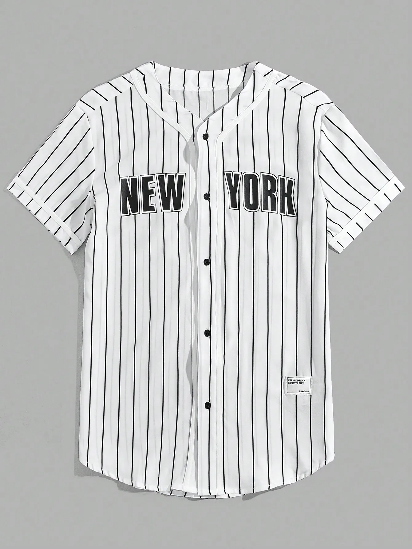 

Men's White Pinstripe Button-Up Baseball Style Shirt with Bold Graphic Text